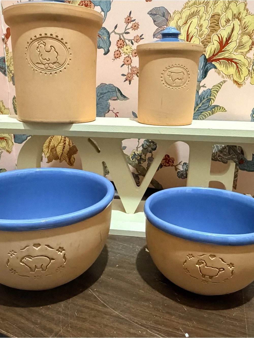 Blue-Trim Ceramic Canisters & Bowls Set